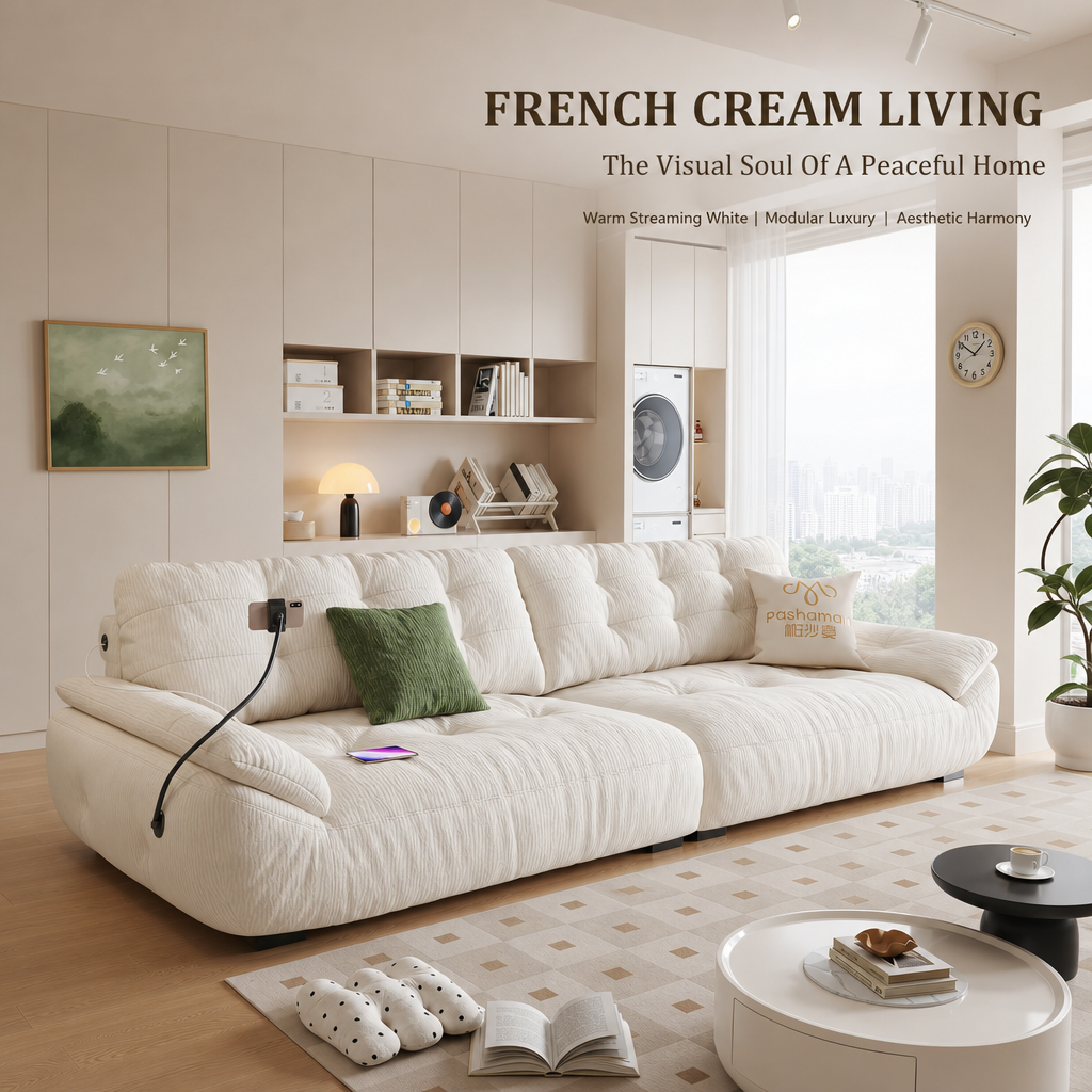 Cloud‑Like Deep Seating Sofa, Cream Corduroy Oversized Couch with Phone Holder & USB Charging for Living Room