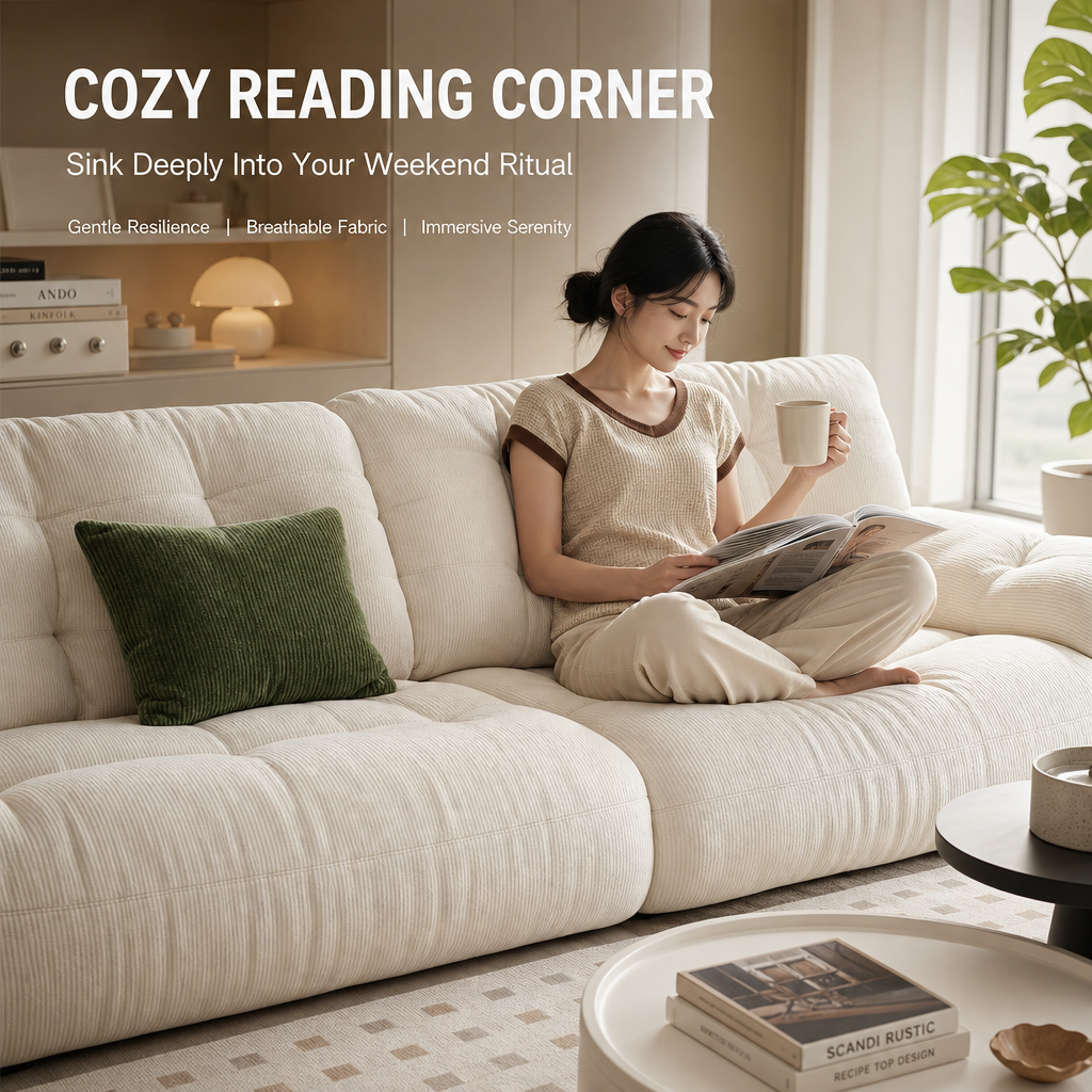 Cloud‑Like Deep Seating Sofa, Cream Corduroy Oversized Couch with Phone Holder & USB Charging for Living Room