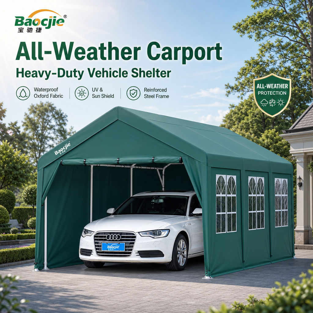 Heavy‑Duty All‑Weather Carport, Fully Enclosed Portable Vehicle Shelter with Reinforced Steel Frame & Waterproof Oxford Fabric