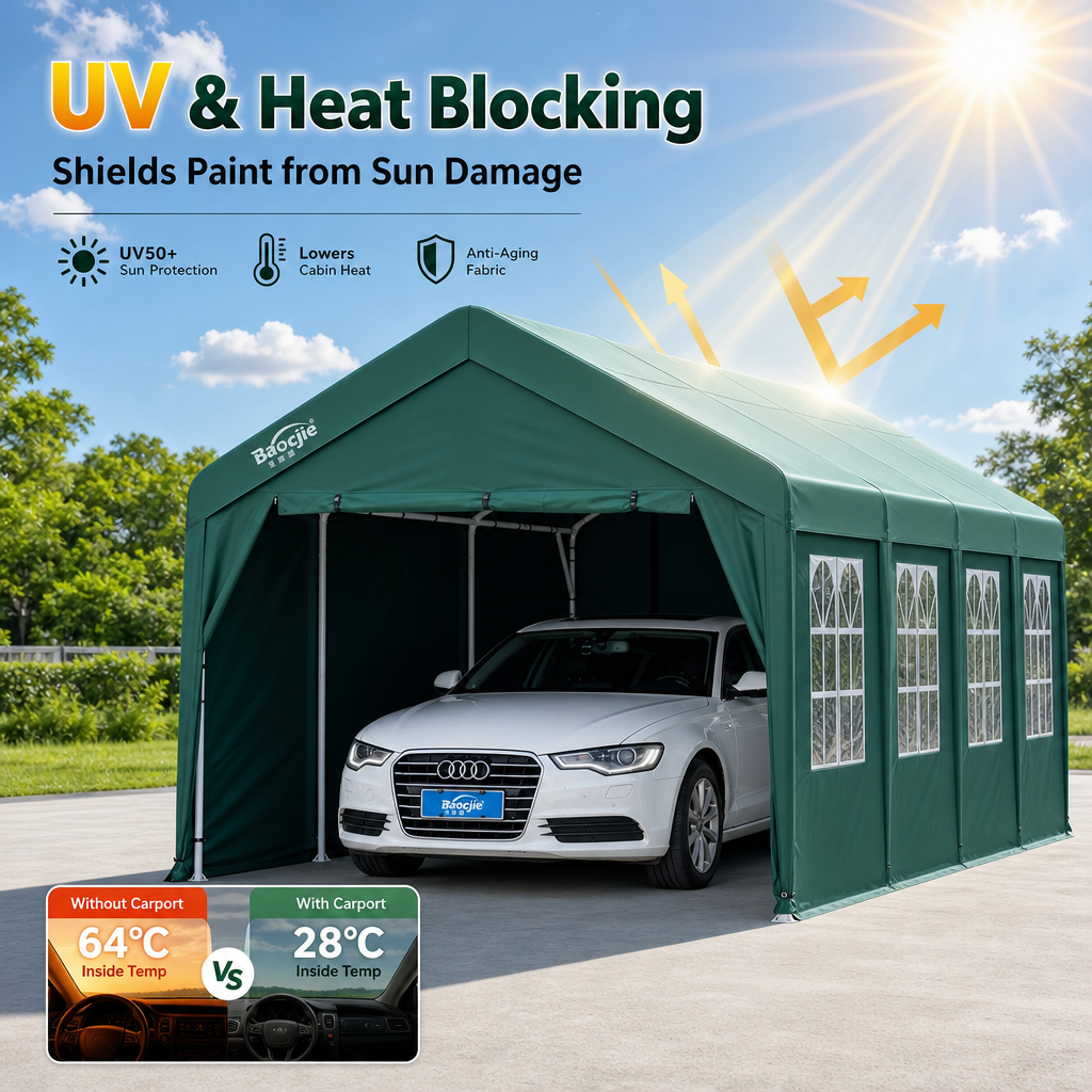Heavy‑Duty All‑Weather Carport, Fully Enclosed Portable Vehicle Shelter with Reinforced Steel Frame & Waterproof Oxford Fabric