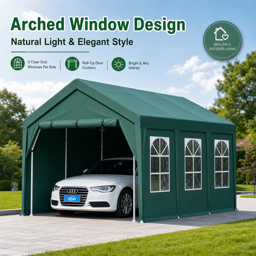 Heavy‑Duty All‑Weather Carport, Fully Enclosed Portable Vehicle Shelter with Reinforced Steel Frame & Waterproof Oxford Fabric