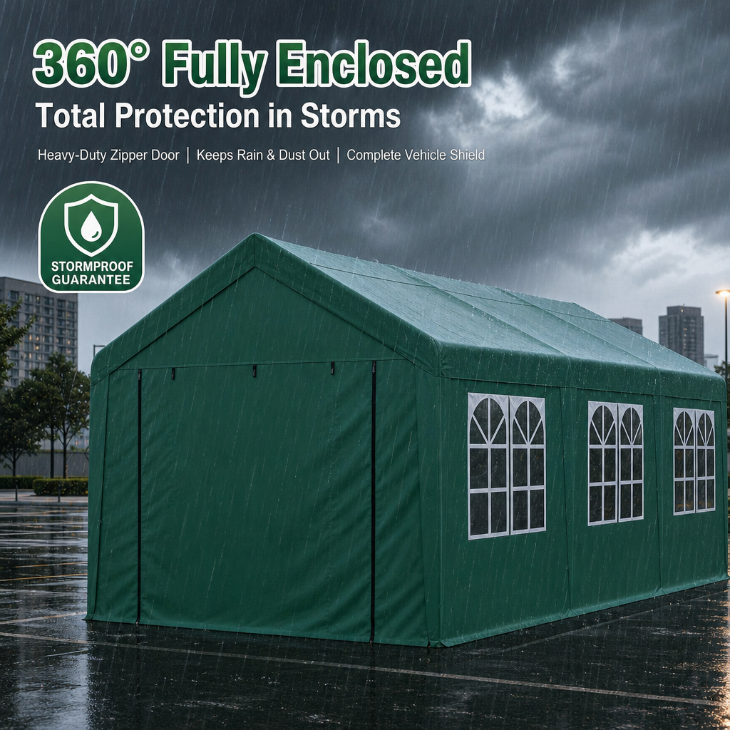 Heavy‑Duty All‑Weather Carport, Fully Enclosed Portable Vehicle Shelter with Reinforced Steel Frame & Waterproof Oxford Fabric
