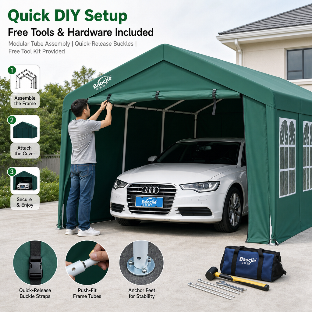 Heavy‑Duty All‑Weather Carport, Fully Enclosed Portable Vehicle Shelter with Reinforced Steel Frame & Waterproof Oxford Fabric