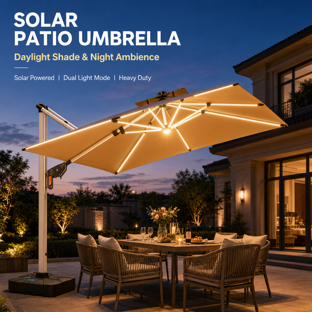 Solar LED Offset Patio Umbrella, UPF50+ Heavy‑Duty Cantilever Umbrella with Dual‑Color Lights