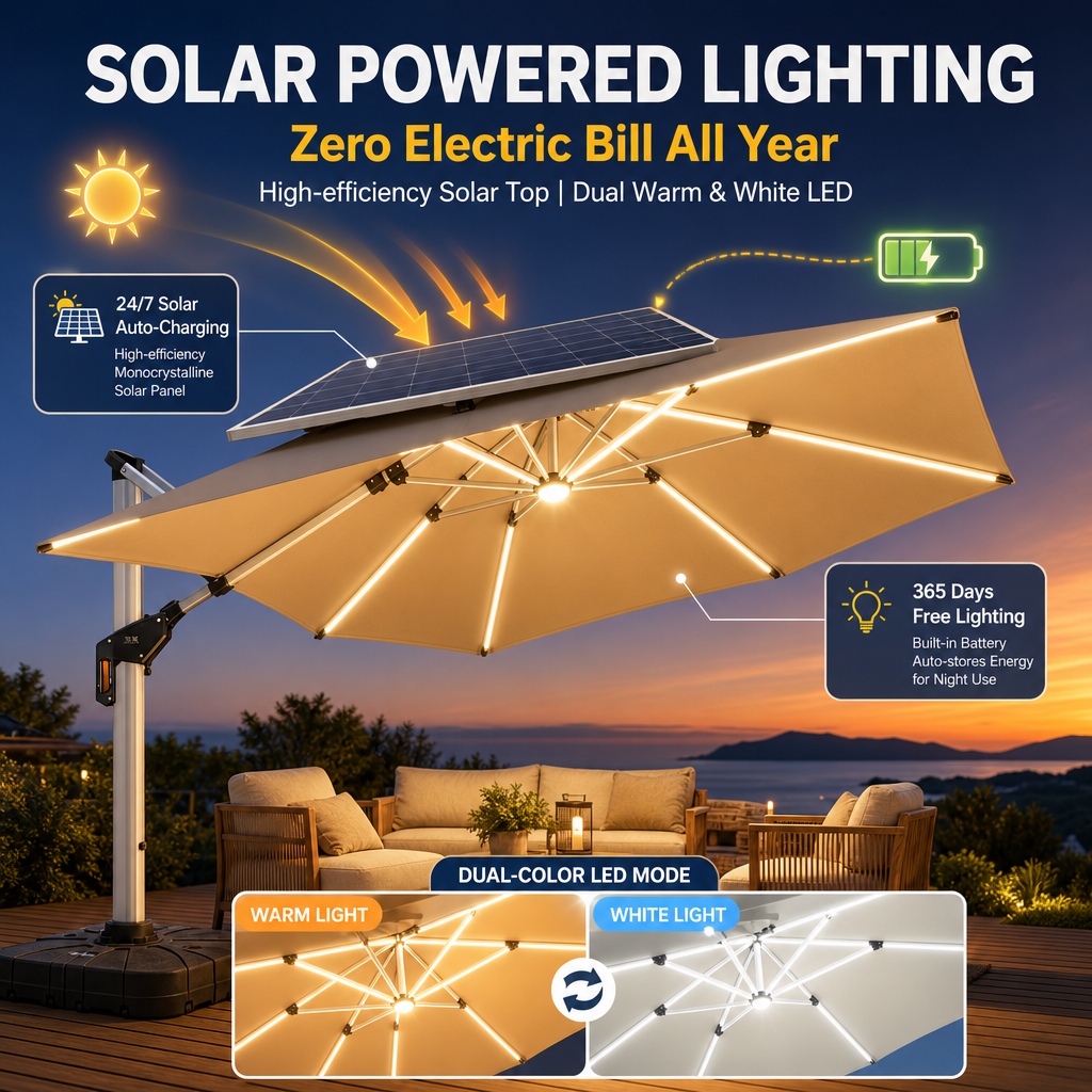 Solar LED Offset Patio Umbrella, UPF50+ Heavy‑Duty Cantilever Umbrella with Dual‑Color Lights