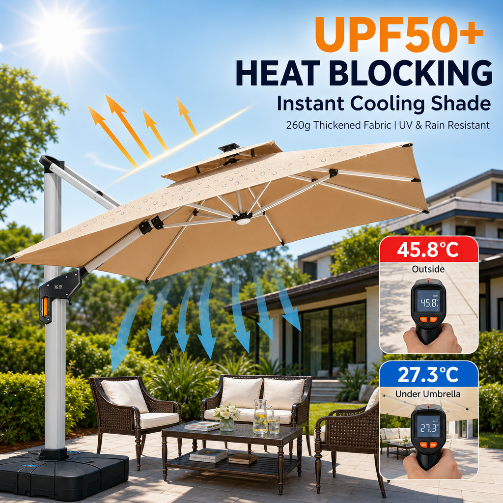 Solar LED Offset Patio Umbrella, UPF50+ Heavy‑Duty Cantilever Umbrella with Dual‑Color Lights