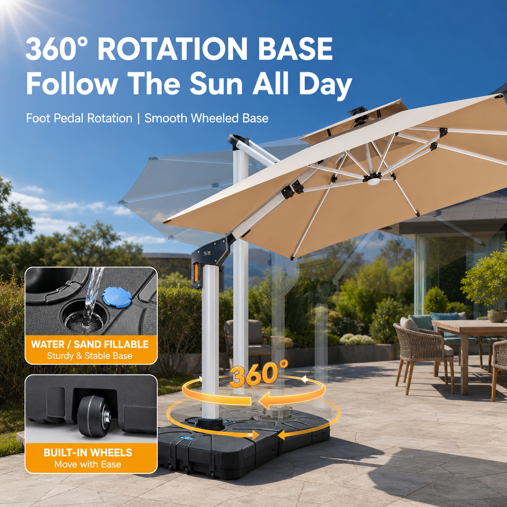 Solar LED Offset Patio Umbrella, UPF50+ Heavy‑Duty Cantilever Umbrella with Dual‑Color Lights