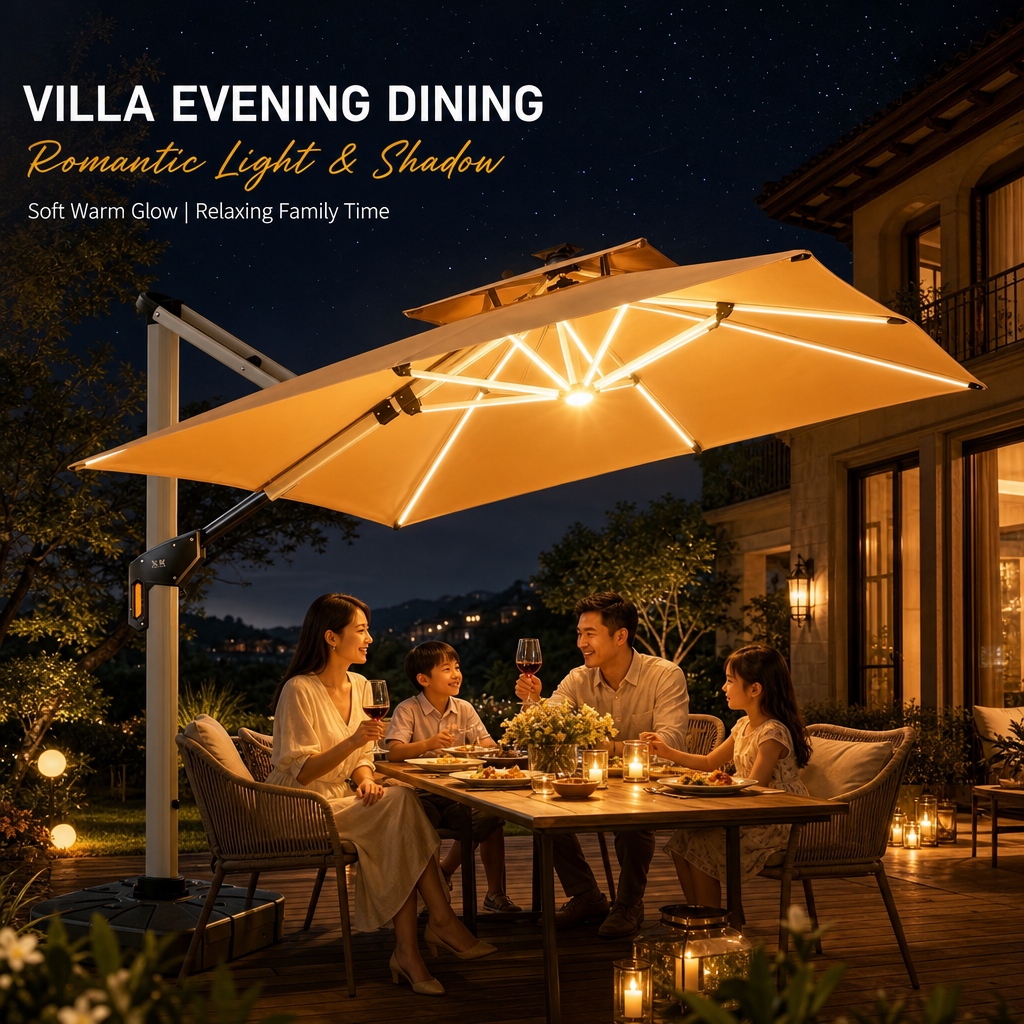 Solar LED Offset Patio Umbrella, UPF50+ Heavy‑Duty Cantilever Umbrella with Dual‑Color Lights