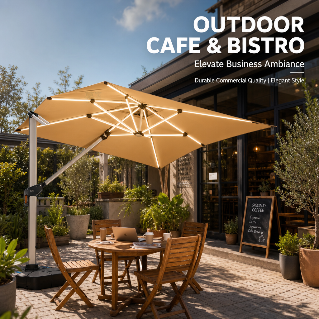 Solar LED Offset Patio Umbrella, UPF50+ Heavy‑Duty Cantilever Umbrella with Dual‑Color Lights