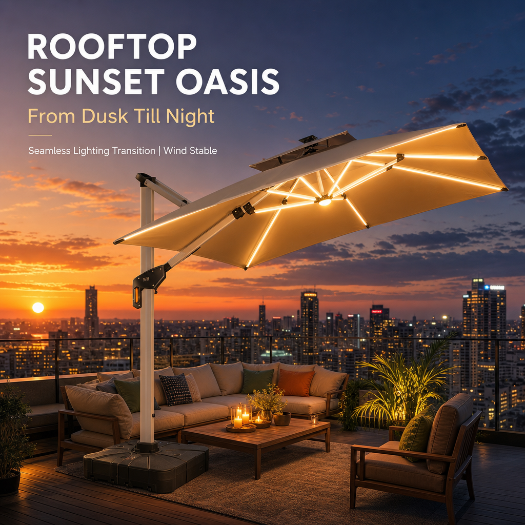 Solar LED Offset Patio Umbrella, UPF50+ Heavy‑Duty Cantilever Umbrella with Dual‑Color Lights