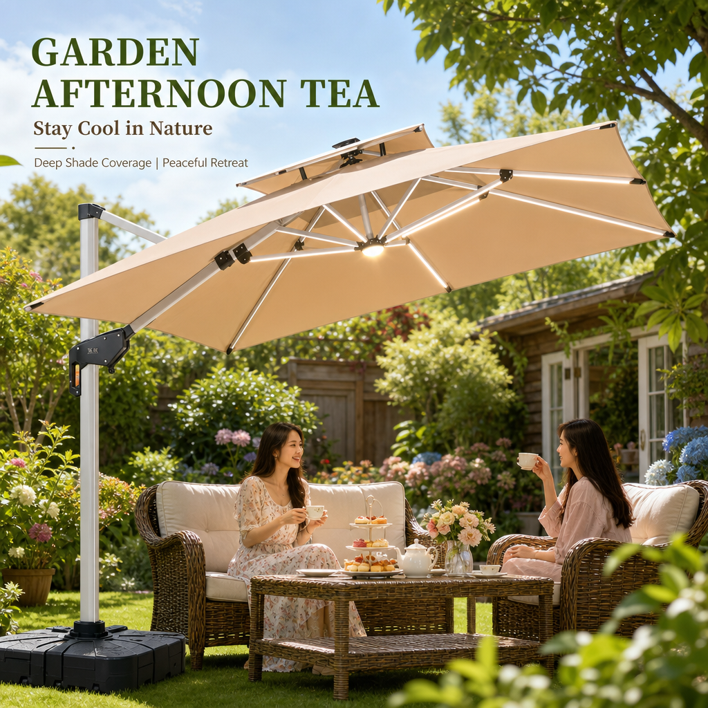 Solar LED Offset Patio Umbrella, UPF50+ Heavy‑Duty Cantilever Umbrella with Dual‑Color Lights