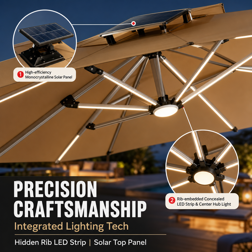 Solar LED Offset Patio Umbrella, UPF50+ Heavy‑Duty Cantilever Umbrella with Dual‑Color Lights