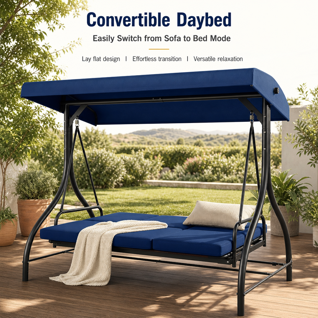 3-Seater Outdoor Patio Swing Bed with Adjustable Canopy, Convertible Reclining Porch Swing Chair, Heavy-Duty Metal Frame Waterproof Cushioned Swing Bench for Backyard, Garden & Poolside