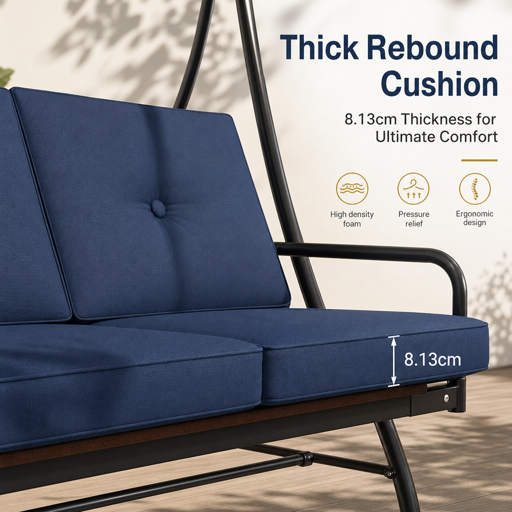 3-Seater Outdoor Patio Swing Bed with Adjustable Canopy, Convertible Reclining Porch Swing Chair, Heavy-Duty Metal Frame Waterproof Cushioned Swing Bench for Backyard, Garden & Poolside