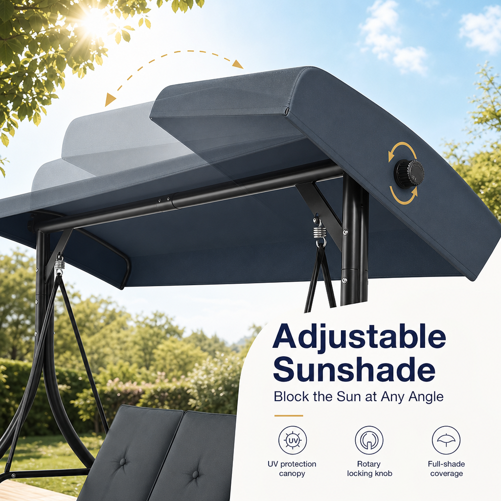 3-Seater Outdoor Patio Swing Bed with Adjustable Canopy, Convertible Reclining Porch Swing Chair, Heavy-Duty Metal Frame Waterproof Cushioned Swing Bench for Backyard, Garden & Poolside