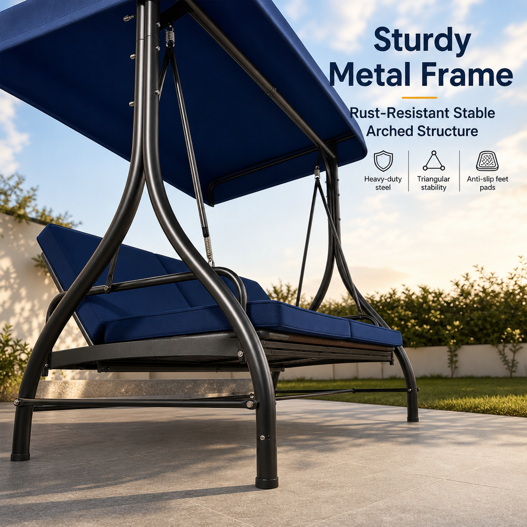 3-Seater Outdoor Patio Swing Bed with Adjustable Canopy, Convertible Reclining Porch Swing Chair, Heavy-Duty Metal Frame Waterproof Cushioned Swing Bench for Backyard, Garden & Poolside
