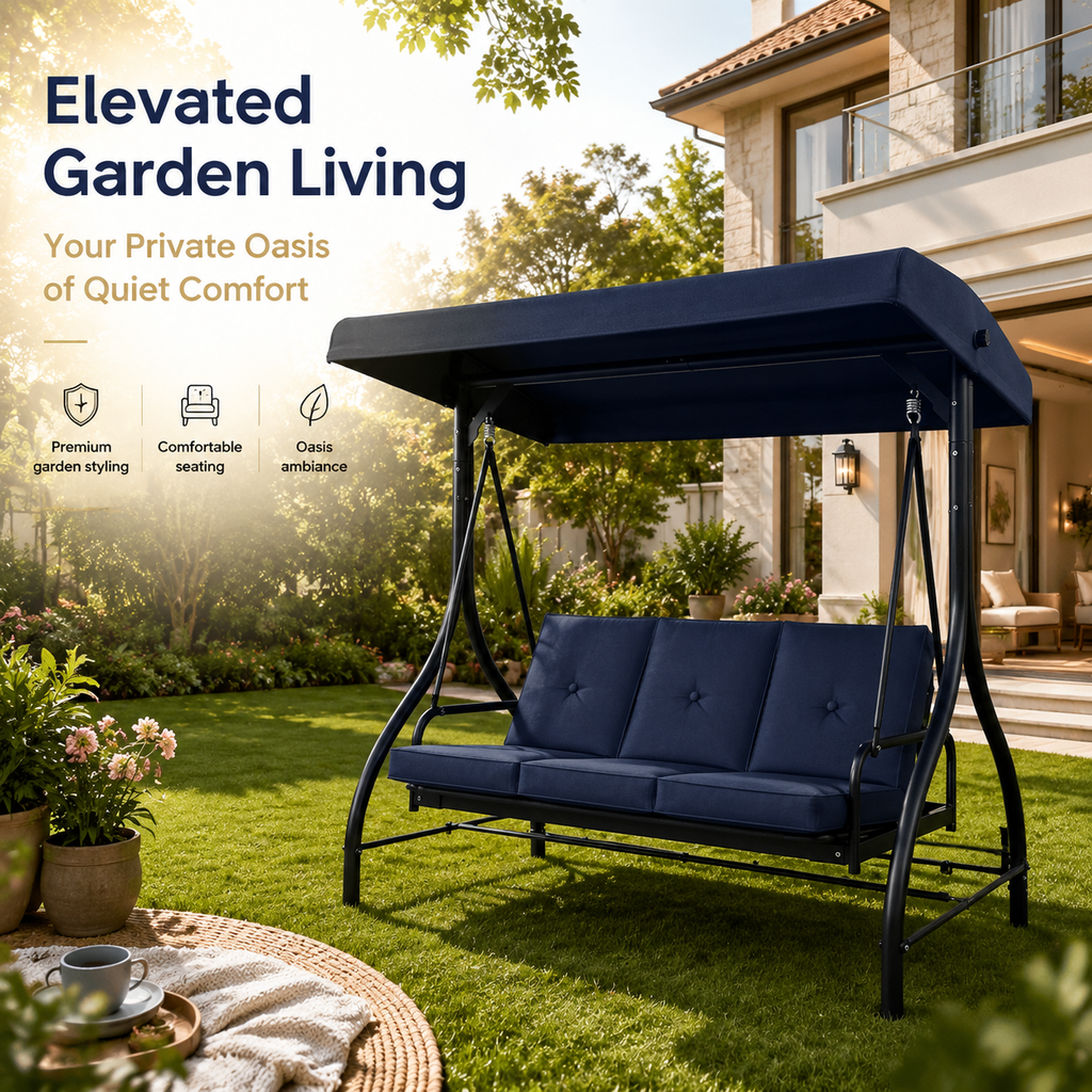3-Seater Outdoor Patio Swing Bed with Adjustable Canopy, Convertible Reclining Porch Swing Chair, Heavy-Duty Metal Frame Waterproof Cushioned Swing Bench for Backyard, Garden & Poolside