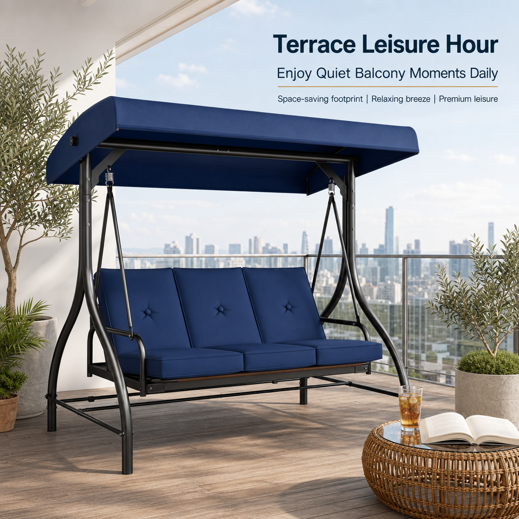 3-Seater Outdoor Patio Swing Bed with Adjustable Canopy, Convertible Reclining Porch Swing Chair, Heavy-Duty Metal Frame Waterproof Cushioned Swing Bench for Backyard, Garden & Poolside