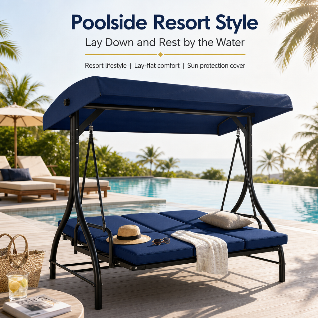 3-Seater Outdoor Patio Swing Bed with Adjustable Canopy, Convertible Reclining Porch Swing Chair, Heavy-Duty Metal Frame Waterproof Cushioned Swing Bench for Backyard, Garden & Poolside