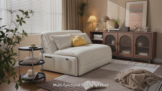 3-in-1 Convertible Folding Sofa Bed, Multi-Mode Couch Lounger Guest Bed with Silent Wheels & Side Storage Pockets, Modern Cream Fabric Sleeper Sofa for Apartment Office