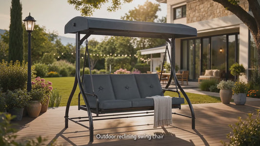 3-Seater Outdoor Patio Swing Bed with Adjustable Canopy, Convertible Reclining Porch Swing Chair, Heavy-Duty Metal Frame Waterproof Cushioned Swing Bench for Backyard, Garden & Poolside